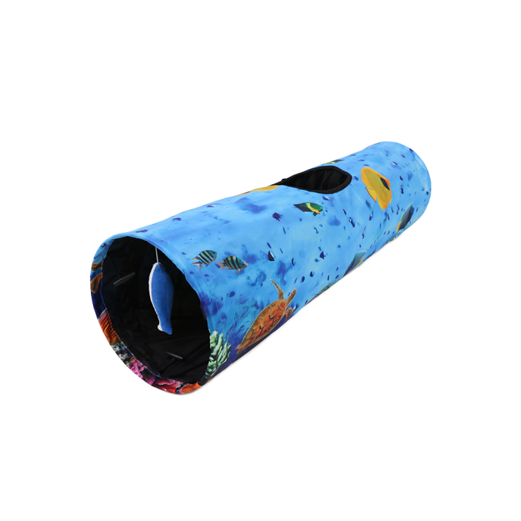 Fashion Ocean Printed Large Cat Tunnel with Plush Fish Toy