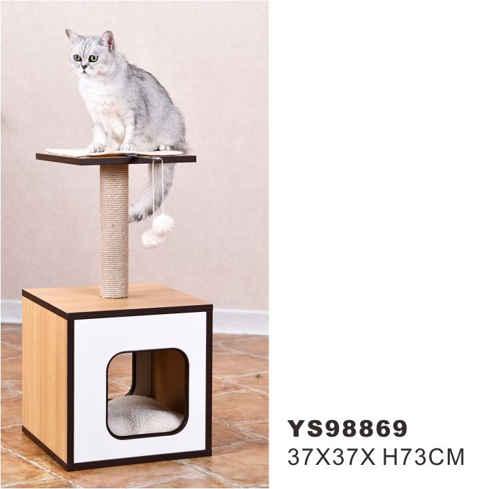 Removable Beige Wood Large Cat Condo With Scratching Post
