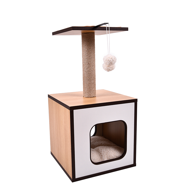 Removable Beige Wood Large Cat Condo With Scratching Post