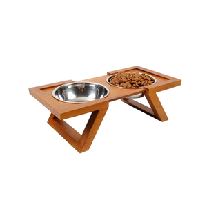 Wholesale Fashion Style Wood Base Stainless Steel Pet Bowl for Small Dogs