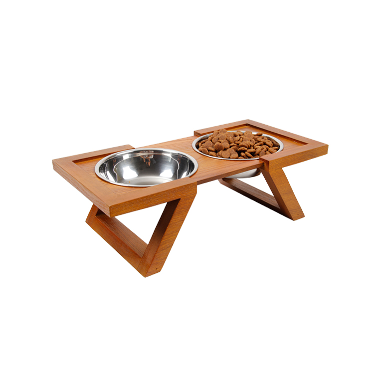 Wholesale Fashion Style Wood Base Stainless Steel Pet Bowl for Small Dogs
