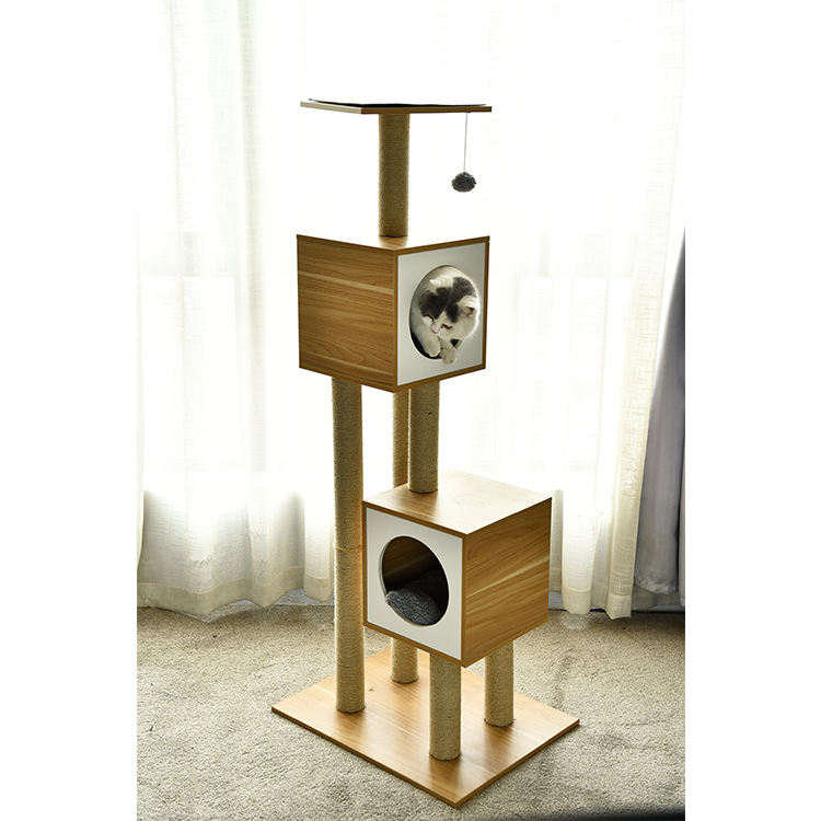 Wood Custom Luxury Beige Cat Tree Tower Condo