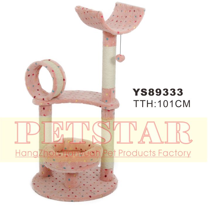 Pink Coral Fleece Sisal Cat Tree Condo With Hanging Toy