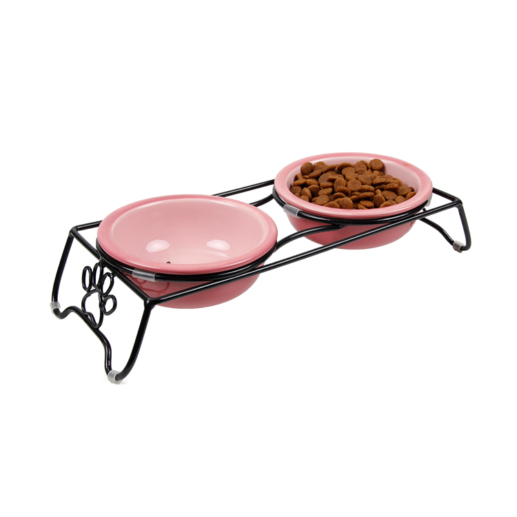 Two Ways Drink Ceramics Food Dog Bowl Stand With Stainless Steel