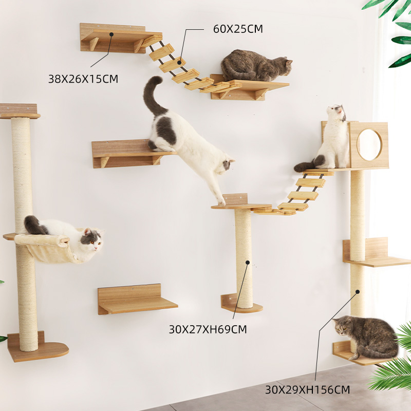Petstar New Design Wood Cat Play Climbing Activity Center Furniture Wall Mounted Cat Tree Shelves Climb Set